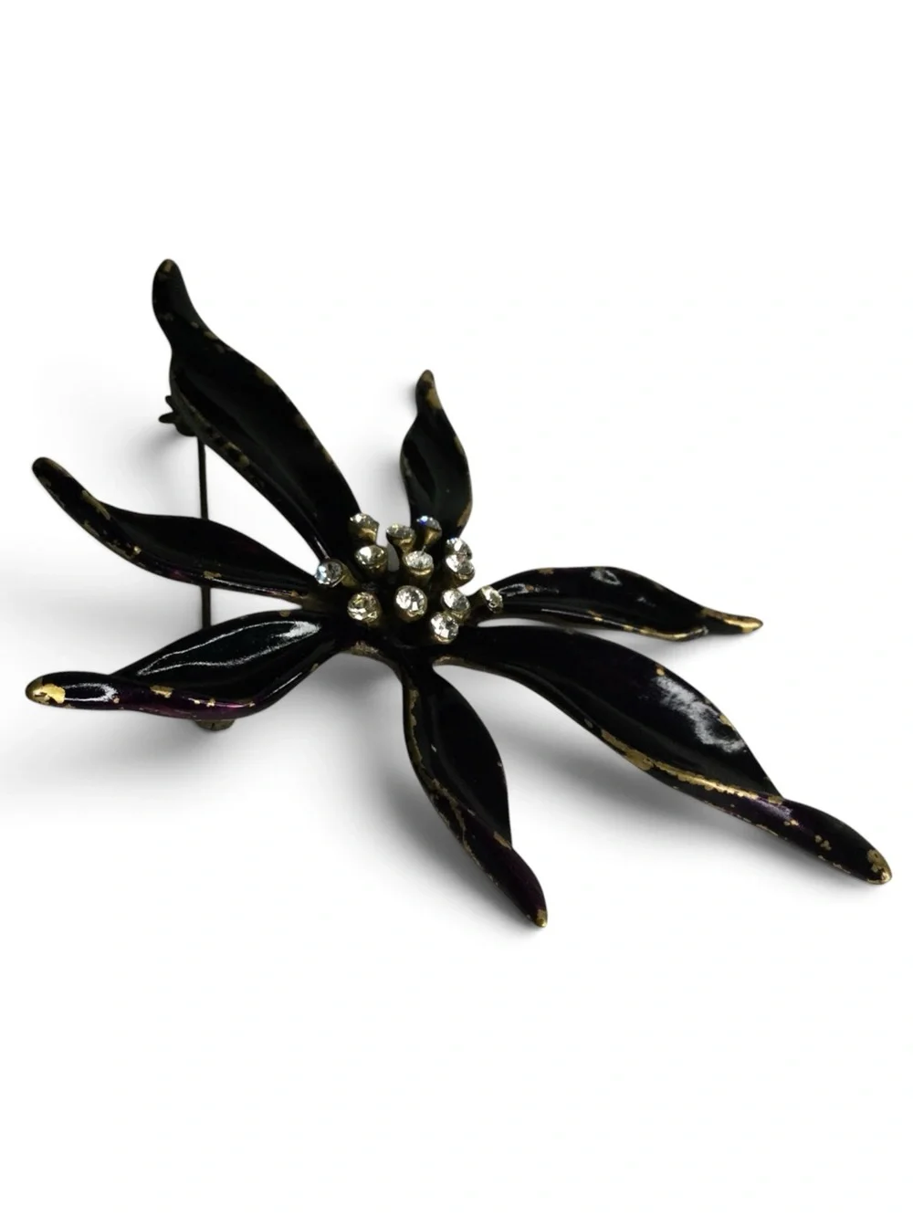 Vintage Ben-Amun Antiqued Gold-Tone Black-Purple Enamel Floral Rhinestone Brooch